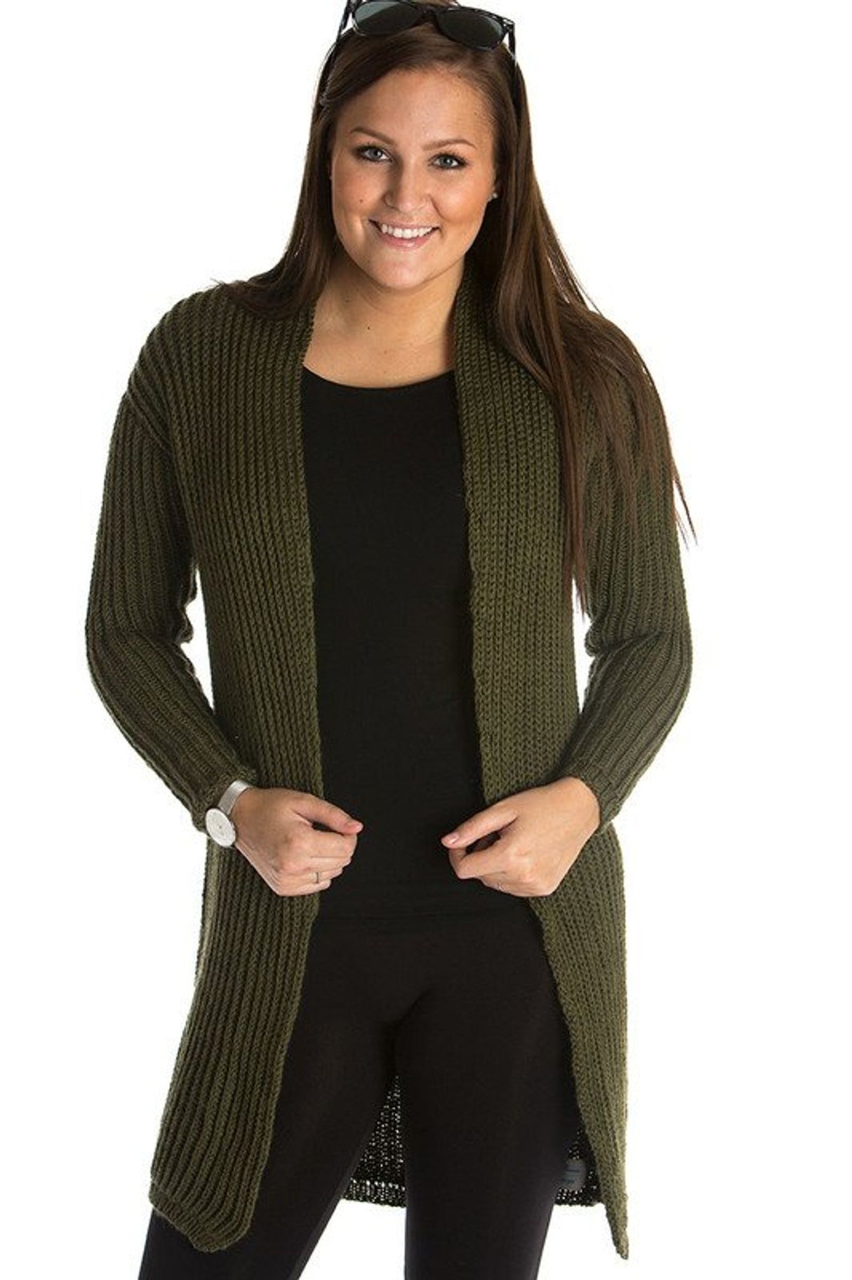 Long patent-knit cardigan