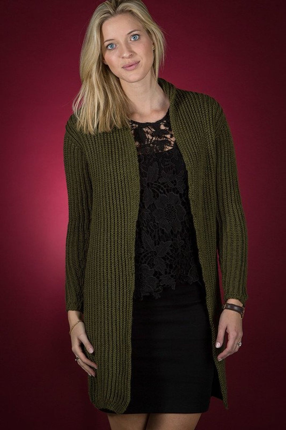 Long patent-knit cardigan