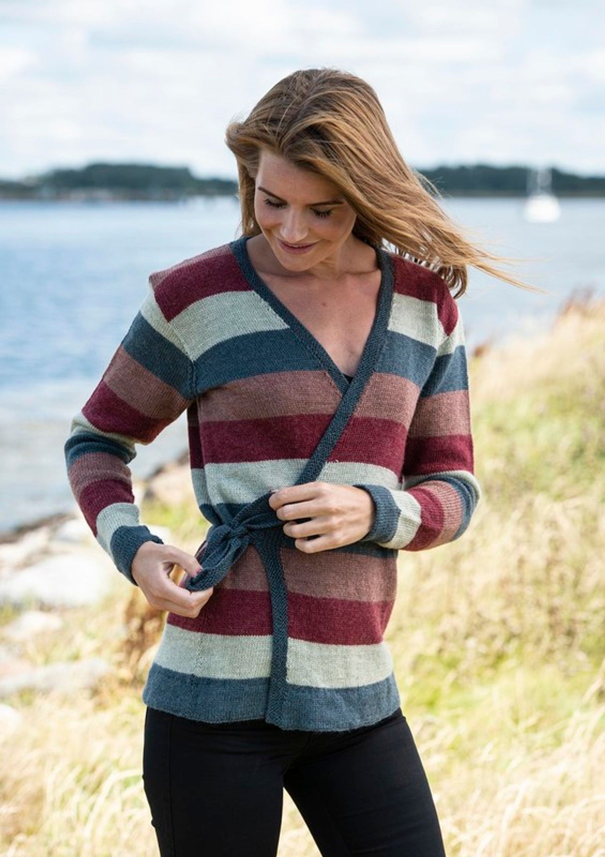 Wrap-around blouse with wide stripes