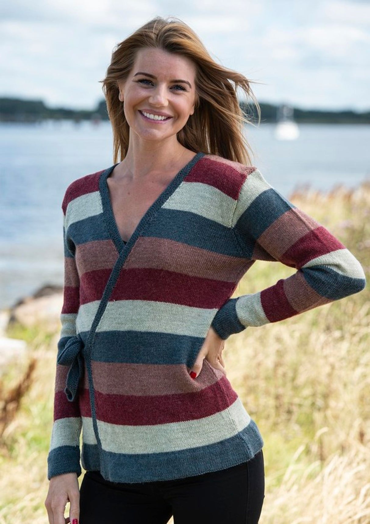 Wrap-around blouse with wide stripes