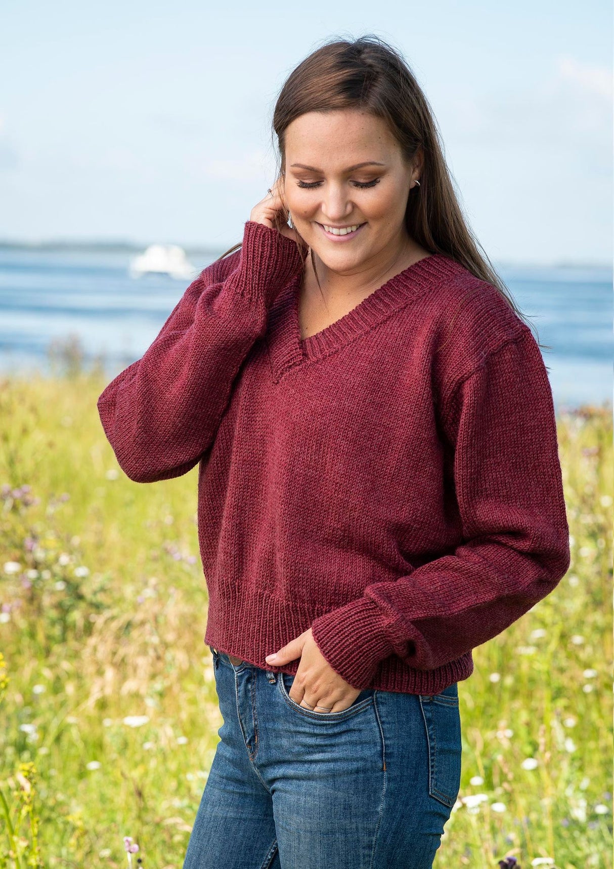 Sweater with wide double neckline