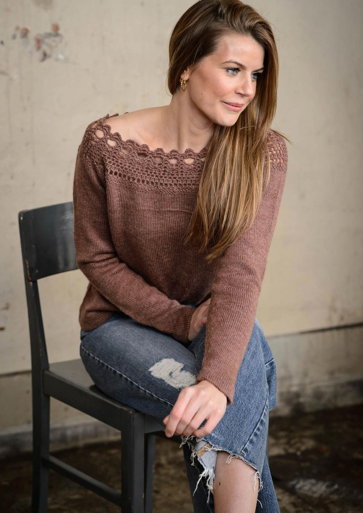 Knitted blouse with crocheted yoke