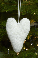 Crocheted snow hearts to hang