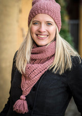 Beaded beanie and scarf with tassel